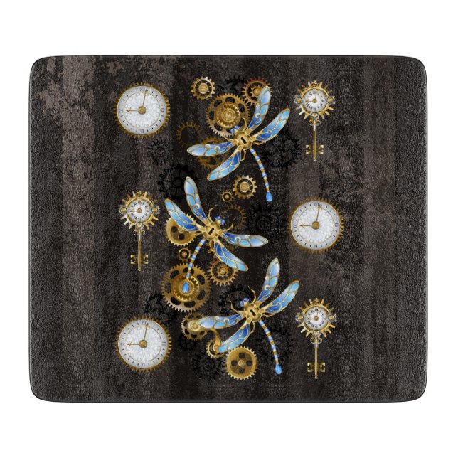 Steampunk Dragonflies on brown striped background Cutting Board (Front)