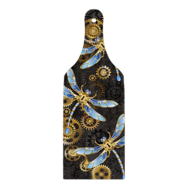 Steampunk Dragonflies on brown striped background Cutting Board (Front)