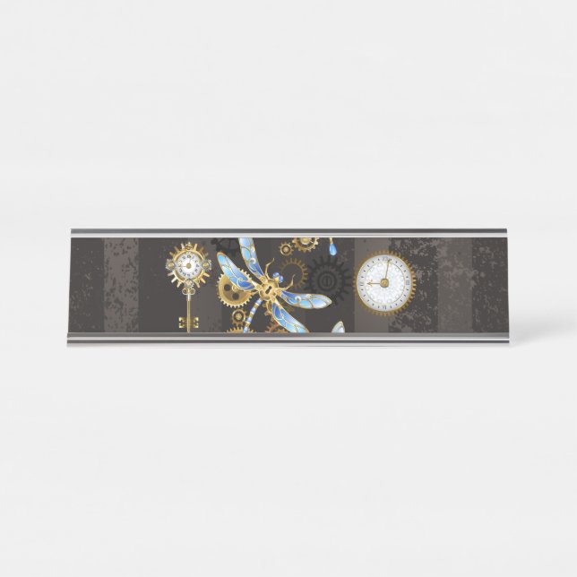 Steampunk Dragonflies on brown striped background Desk Name Plate (Front)