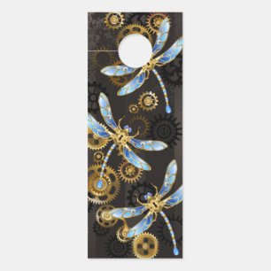 Steampunk Dragonflies on brown striped background Door Hanger