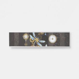 Steampunk Dragonflies on brown striped background Door Sign