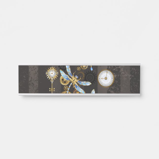 Steampunk Dragonflies on brown striped background Door Sign (Front)