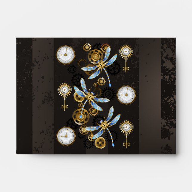 Steampunk Dragonflies on brown striped background Envelope (Front)