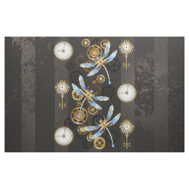 Steampunk Dragonflies on brown striped background Fabric (Yard)