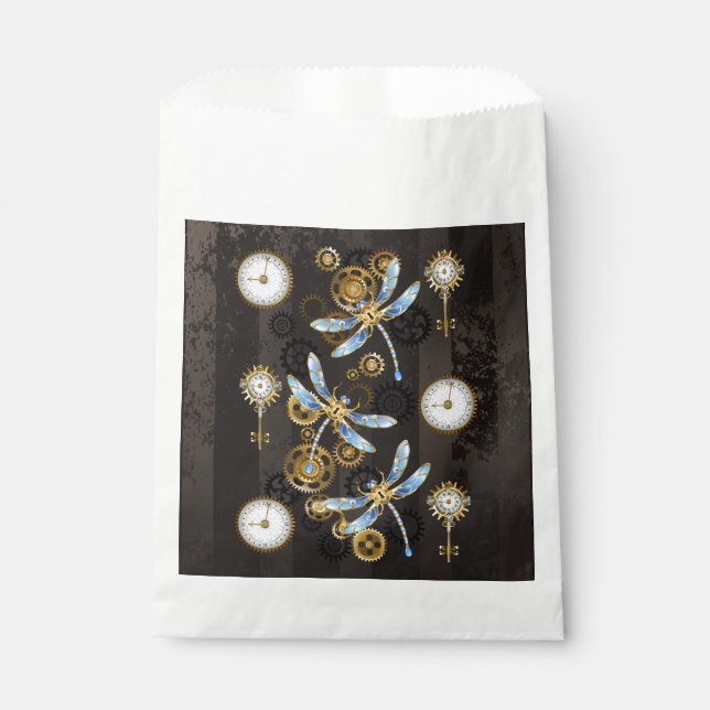 Steampunk Dragonflies on brown striped background Favour Bags (Front)