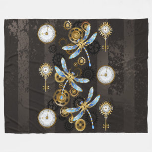 Steampunk Dragonflies on brown striped background Fleece Blanket