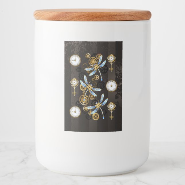 Steampunk Dragonflies on brown striped background Food Label (Front)
