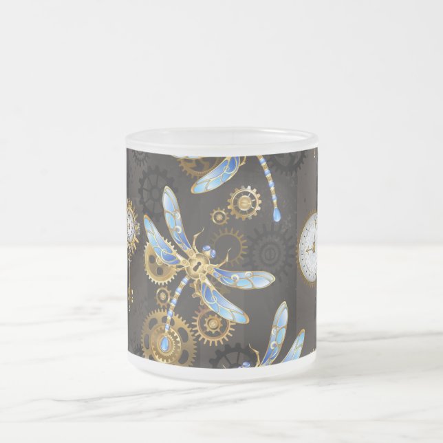 Steampunk Dragonflies on brown striped background Frosted Glass Coffee Mug (Center)