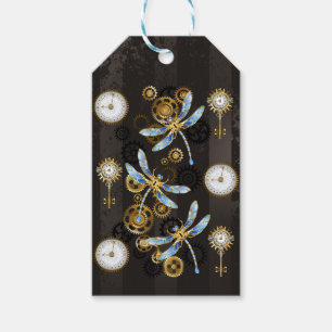 Steampunk Dragonflies on brown striped background Gift Tags