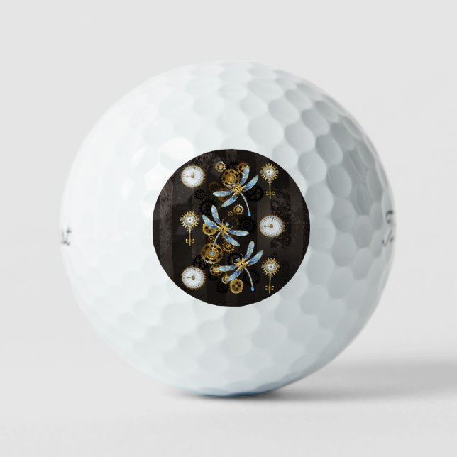 Steampunk Dragonflies on brown striped background Golf Balls (Front)