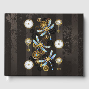 Steampunk Dragonflies on brown striped background Guest Book