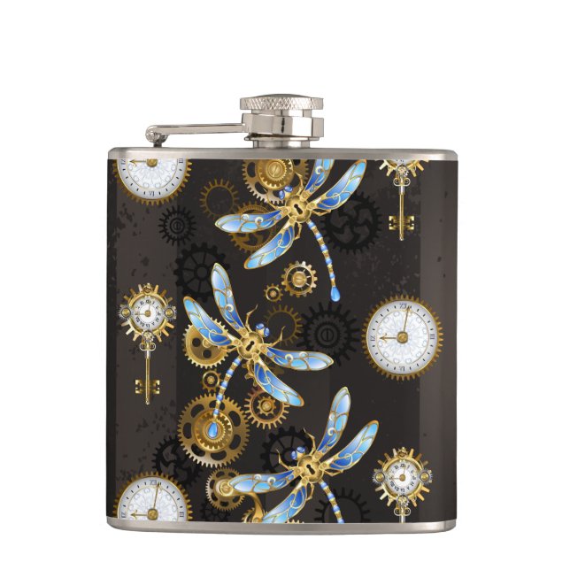 Steampunk Dragonflies on brown striped background Hip Flask (Front)