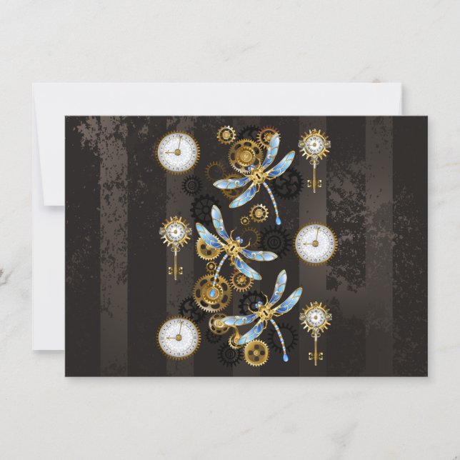 Steampunk Dragonflies on brown striped background Holiday Card (Front)