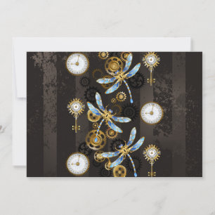 Steampunk Dragonflies on brown striped background Invitation
