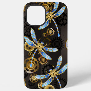 Steampunk Dragonflies on brown striped background iPhone 12 Pro Max Case