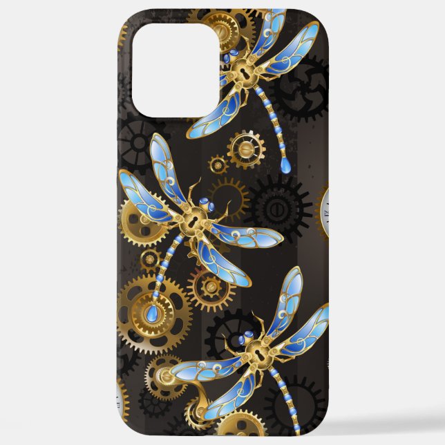 Steampunk Dragonflies on brown striped background iPhone Case (Back)