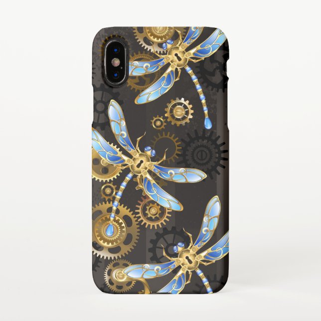 Steampunk Dragonflies on brown striped background iPhone Case (Back)