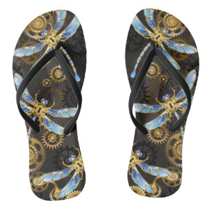 Steampunk Dragonflies on brown striped background Jandals
