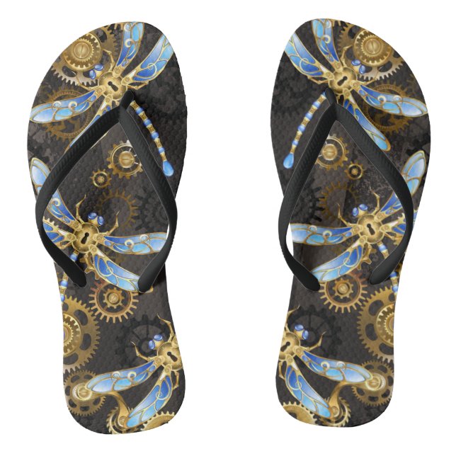 Steampunk Dragonflies on brown striped background Jandals (Footbed)
