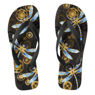 Steampunk Dragonflies on brown striped background Jandals