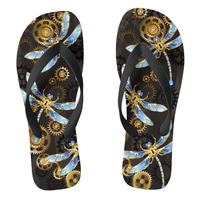 Steampunk Dragonflies on brown striped background Jandals (Footbed)