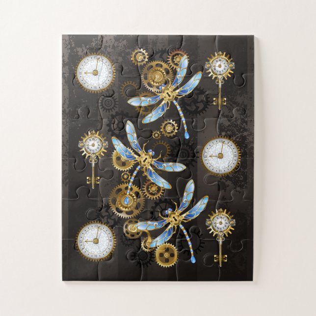 Steampunk Dragonflies on brown striped background Jigsaw Puzzle (Vertical)