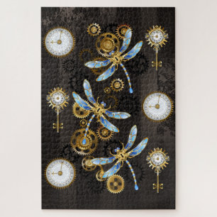 Steampunk Dragonflies on brown striped background Jigsaw Puzzle