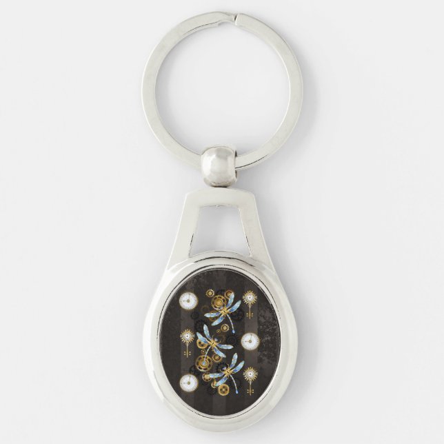 Steampunk Dragonflies on brown striped background Key Ring (Front)
