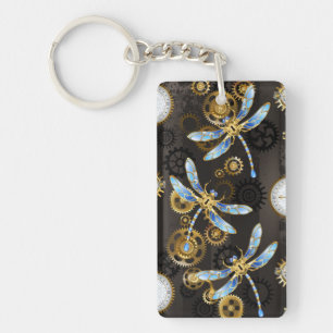 Steampunk Dragonflies on brown striped background Key Ring