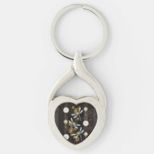 Steampunk Dragonflies on brown striped background Key Ring