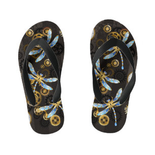 Steampunk Dragonflies on brown striped background Kid's Jandals
