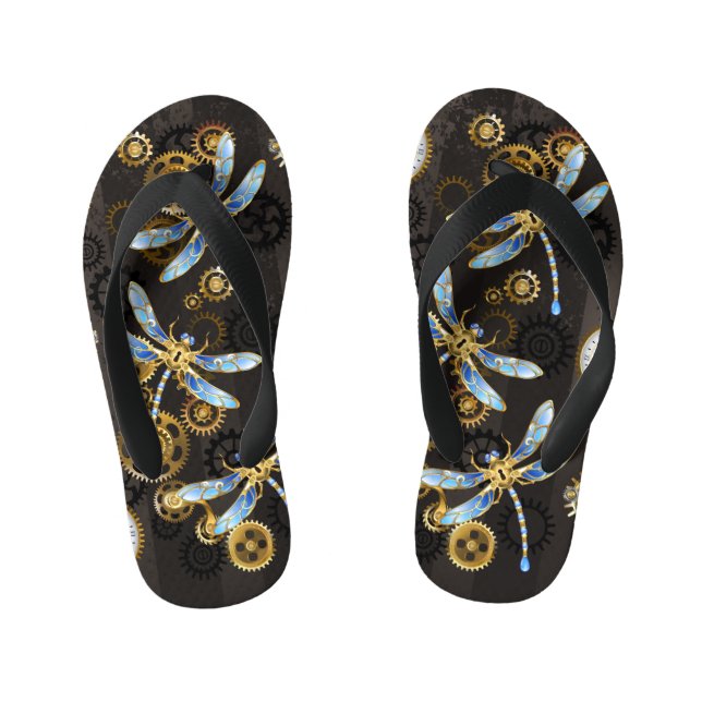 Steampunk Dragonflies on brown striped background Kid's Jandals (Footbed)