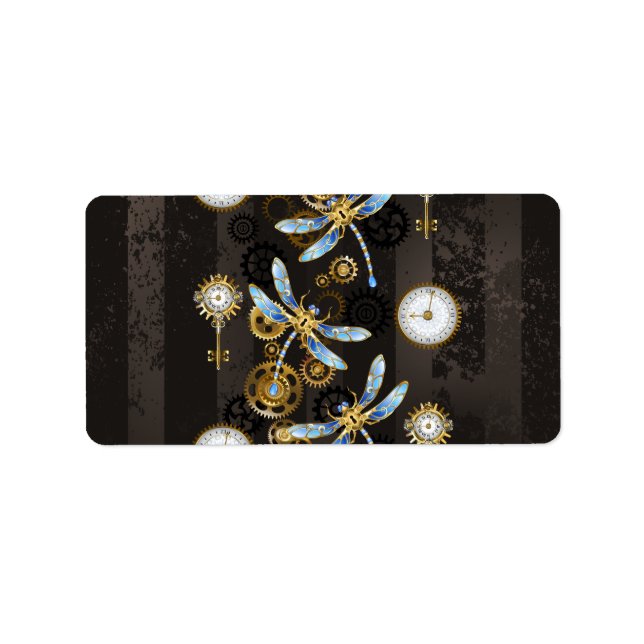 Steampunk Dragonflies on brown striped background Label (Front)