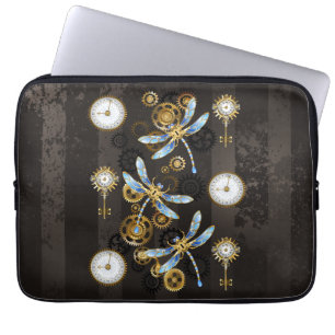 Steampunk Dragonflies on brown striped background Laptop Sleeve