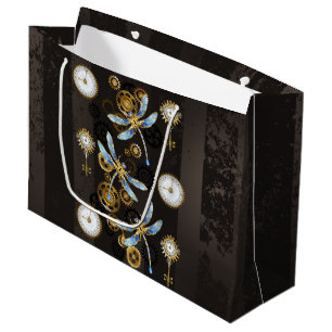 Steampunk Dragonflies on brown striped background Large Gift Bag