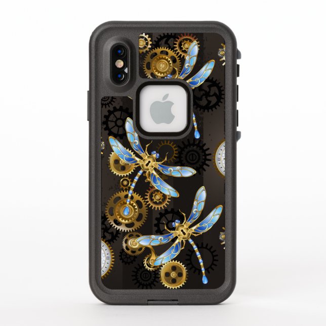 Steampunk Dragonflies on brown striped background LifeProof iPhone Case (Back)