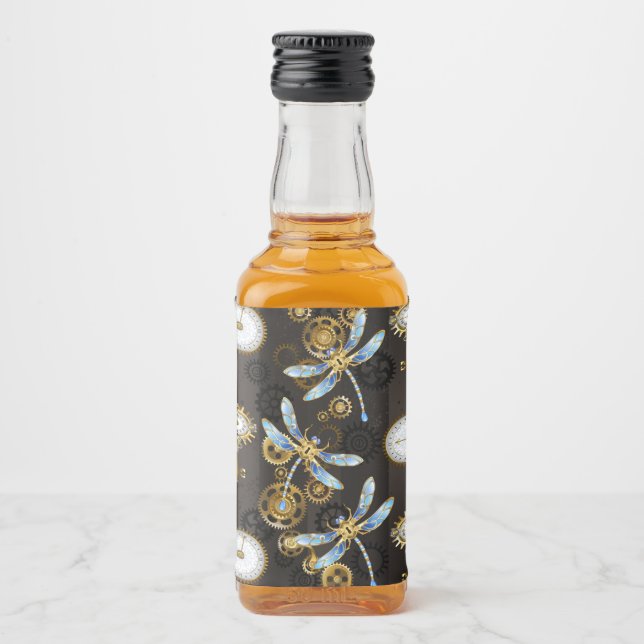 Steampunk Dragonflies on brown striped background Liquor Bottle Label (Front)