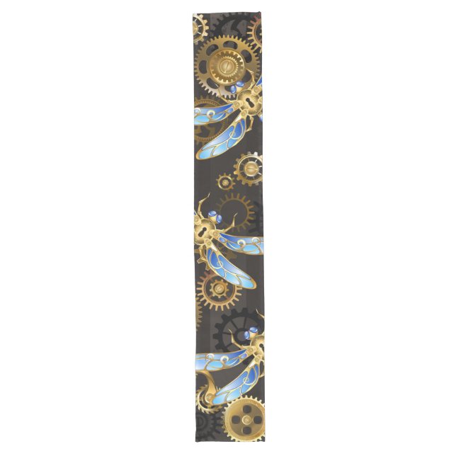 Steampunk Dragonflies on brown striped background Long Table Runner (Front)