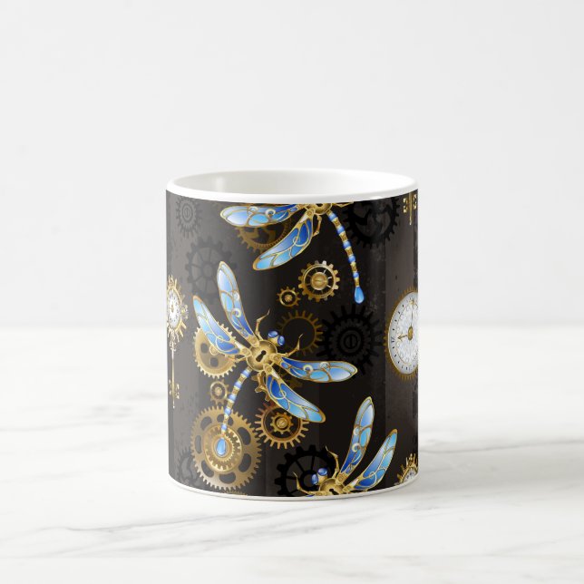 Steampunk Dragonflies on brown striped background Magic Mug (Center)