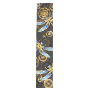 Steampunk Dragonflies on brown striped background Medium Table Runner