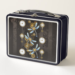 Steampunk Dragonflies on brown striped background Metal Lunch Box