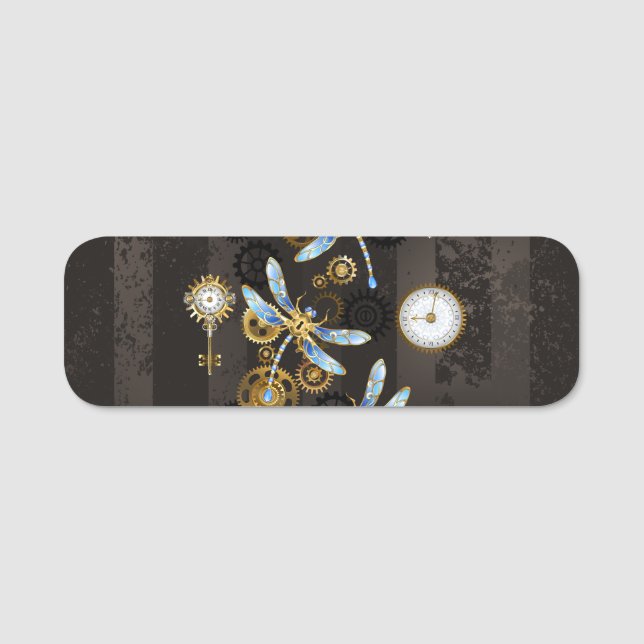 Steampunk Dragonflies on brown striped background Name Tag (Front)