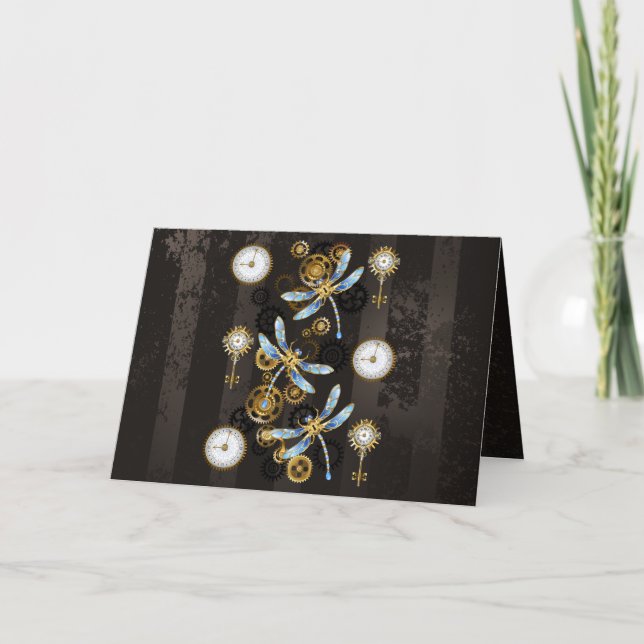 Steampunk Dragonflies on brown striped background Note Card (Front)