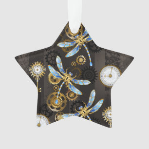 Steampunk Dragonflies on brown striped background Ornament