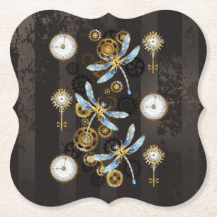 Steampunk Dragonflies on brown striped background Paper Coaster