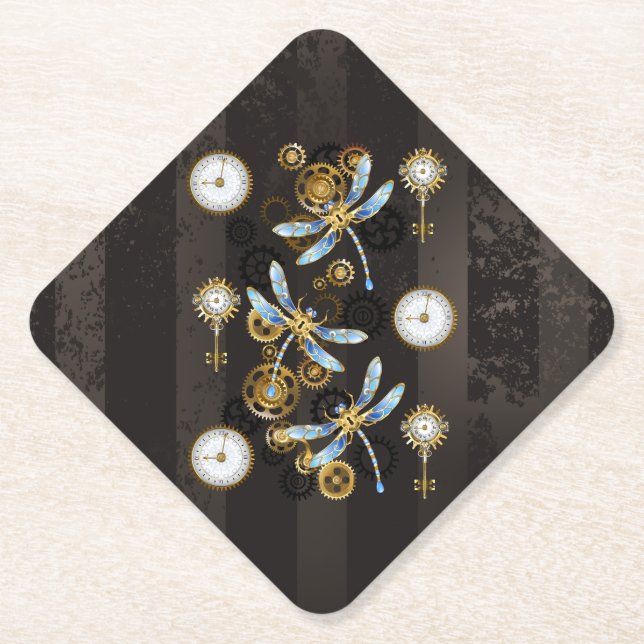 Steampunk Dragonflies on brown striped background Paper Coaster (Front)