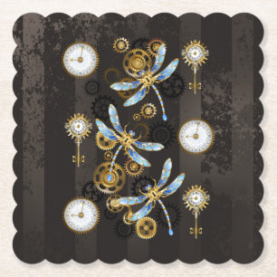 Steampunk Dragonflies on brown striped background Paper Coaster