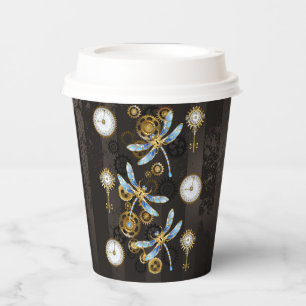 Steampunk Dragonflies on brown striped background Paper Cups