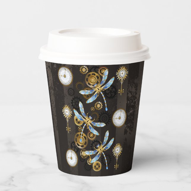 Steampunk Dragonflies on brown striped background Paper Cups (Front)