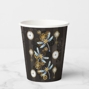 Steampunk Dragonflies on brown striped background Paper Cups